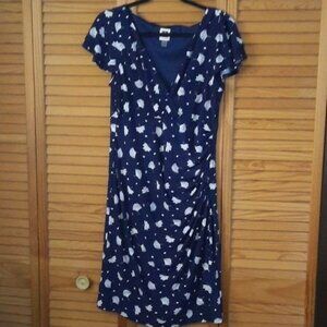 Anne Klein Navy White Leaf Print Faux Wrap Cap Ruffle Sleeve Dress Size 10
